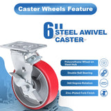 Nefish 6 Inch Industrial Casters Set of 4 Heavy Duty No Noise Polyurethane Wheel on Steel Hub, Workbench Casters with Brakes 4800 Lbs, Plate Swivel Casters for Toolbox Workbench (4 Swivel & Brakes) Nefish