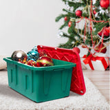 HOMZ 2-Pack Durabilt, Heavy Duty Plastic Storage Bins with Lids, 27 Gallon, Green/Red - Stackable Container Boxes for Holiday, Attic, and Garage Organization HOMZ