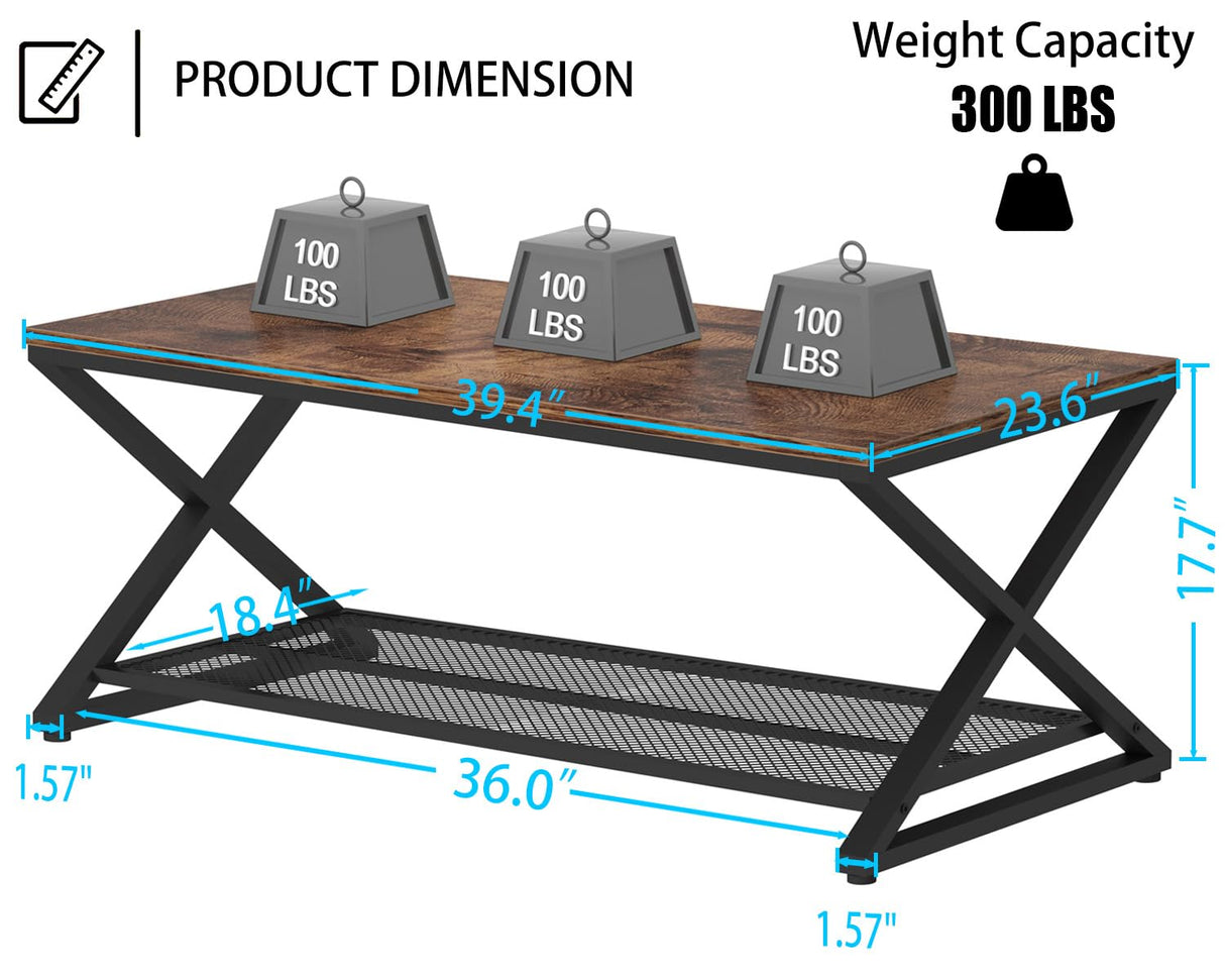 LVB Rustic Coffee Table, Industrial Metal Wood 2 Tier Cocktail Tea Table with Storage for Living Room, Farmhouse Wooden Rectangle Center Table with Mesh Shelf for Office Bedroom, 39 inch, Rustic Brown LVB