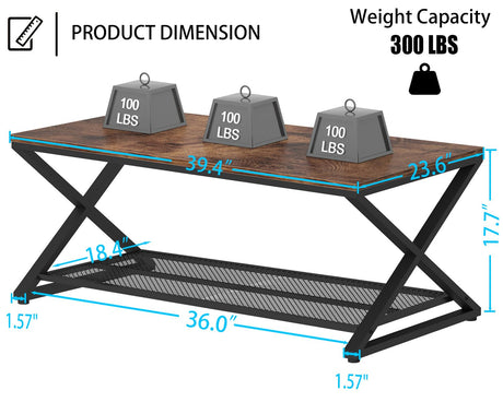 LVB Rustic Coffee Table, Industrial Metal Wood 2 Tier Cocktail Tea Table with Storage for Living Room, Farmhouse Wooden Rectangle Center Table with Mesh Shelf for Office Bedroom, 39 inch, Rustic Brown LVB