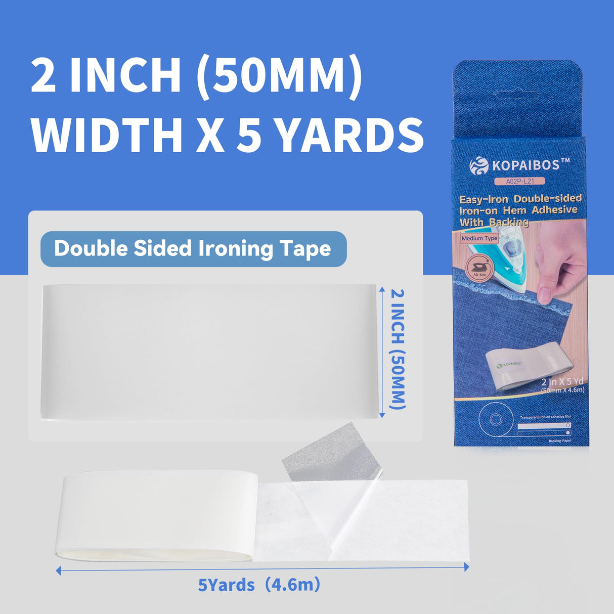 KOPAIBOS 2 Inch 5 Yards Heavy Double-Sided Iron on Hemming Tape with Backing No sew Fabric Tape for Curtains Webbing Sofa Decorations Appliques Embroidery Patches KOPAIBOS