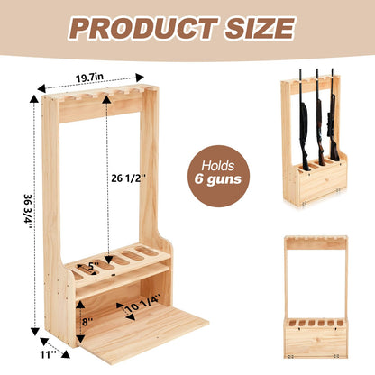 Soaoo Gun Rack with Storage Wood Gun Storage Display Rack Solid Pine Standing Gun Storage Rack Standing Rifle Rack Shotgun Storage Display Rack (6 Gun Floor Rack) - WoodArtSupply