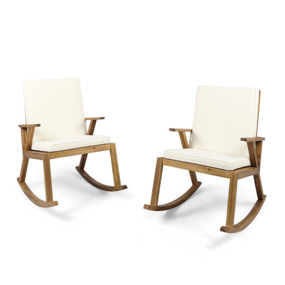 Christopher Knight Home Andy | Outdoor Acacia Wood ocking Chair with Water-Resistant (Set of 2), Teak Finish/Cream Cushion - WoodArtSupply