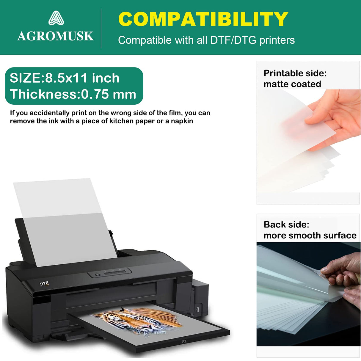 DTF Transfer Film(8.3" x 11.7")20 Sheets PET Direct to Film Heat Transfer Paper for All DTF&DTG Printer,Matte DTF Film for Sublimation Black White Light Dark Fabric T-Shirt Agromusk