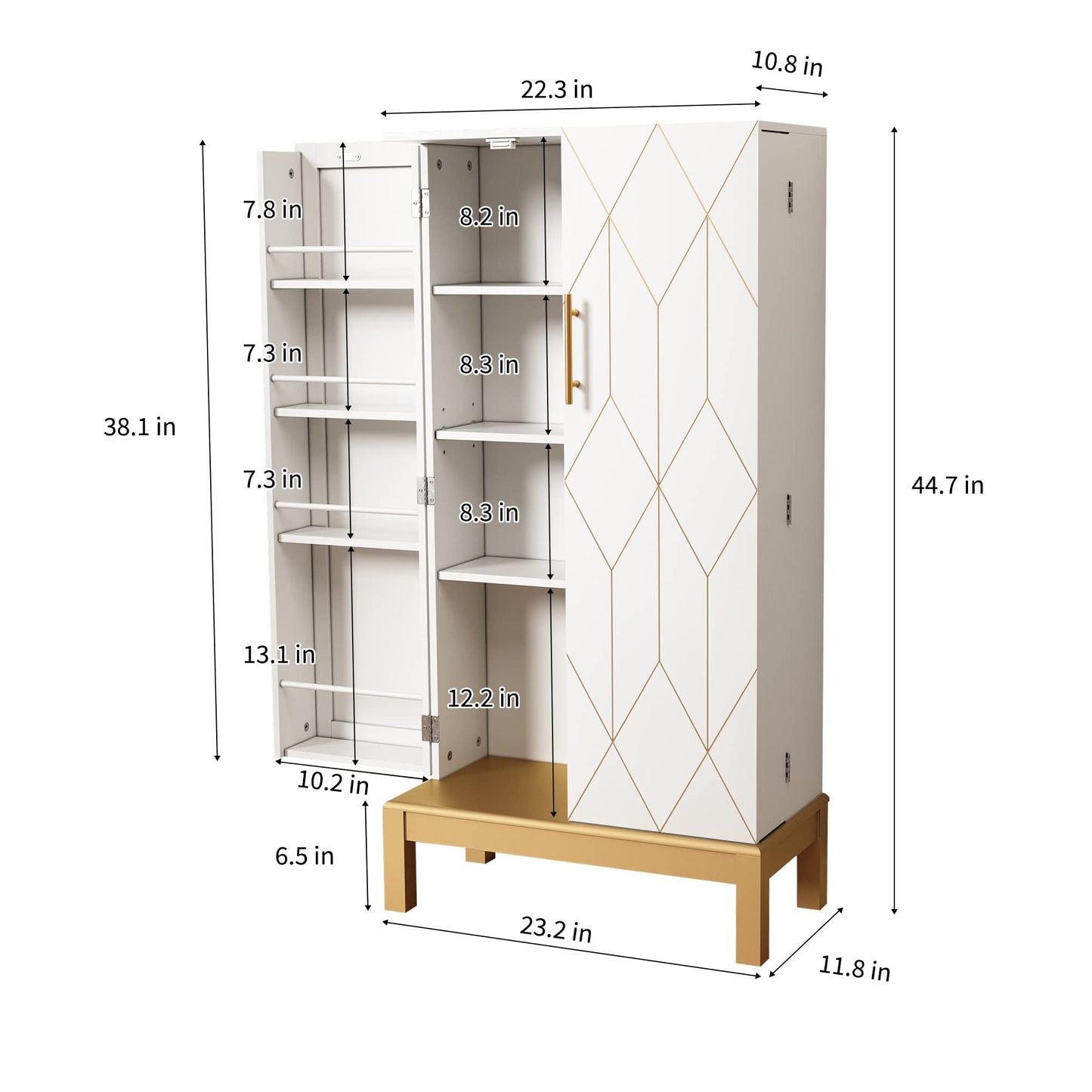 HOLTICO 45'' Storage Cabinet with Doors and Adjustable Shelves,Food Pantry Cabinet for Kitchen,Dining Room,Living Room and Garage,Gold Lines and Legs, White. - WoodArtSupply