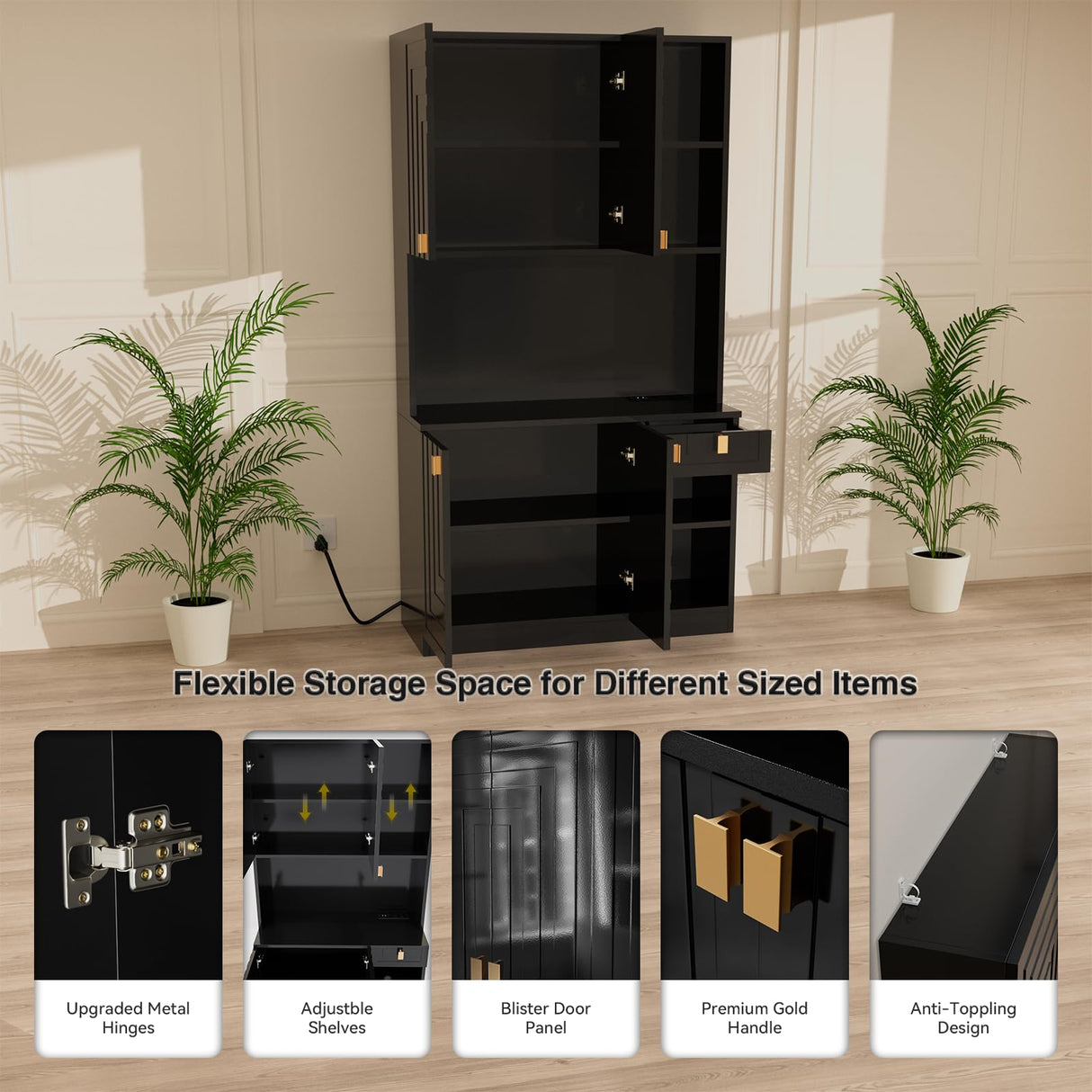 Buenhomino Kitchen Pantry Cabinet, 71" Hutch Cabinet with Countertop & Power Outlet & Adjustable Shelves, Wood Buffet Cabinet Organizer with Buenhomino