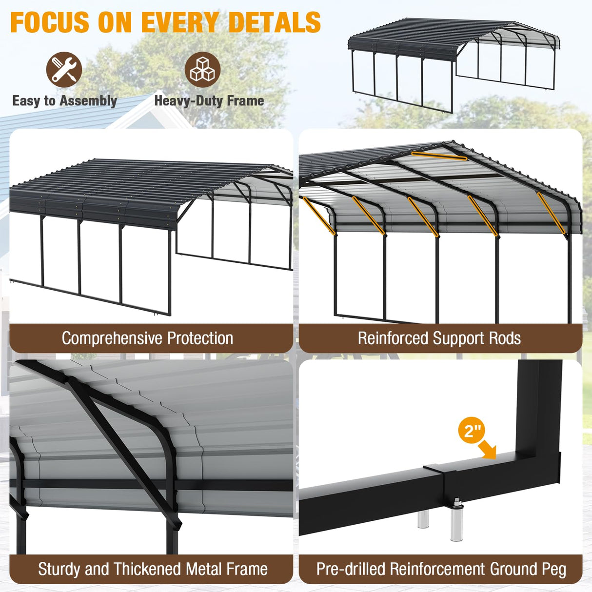 EBE 20' x 20' Metal Carport, Outdoor Heavy Duty Carport with Galvanized Steel Roof and Enhanced Metal Frame Structure, Garage Car Shelter Shade for SUV Trucks and Boats EBE