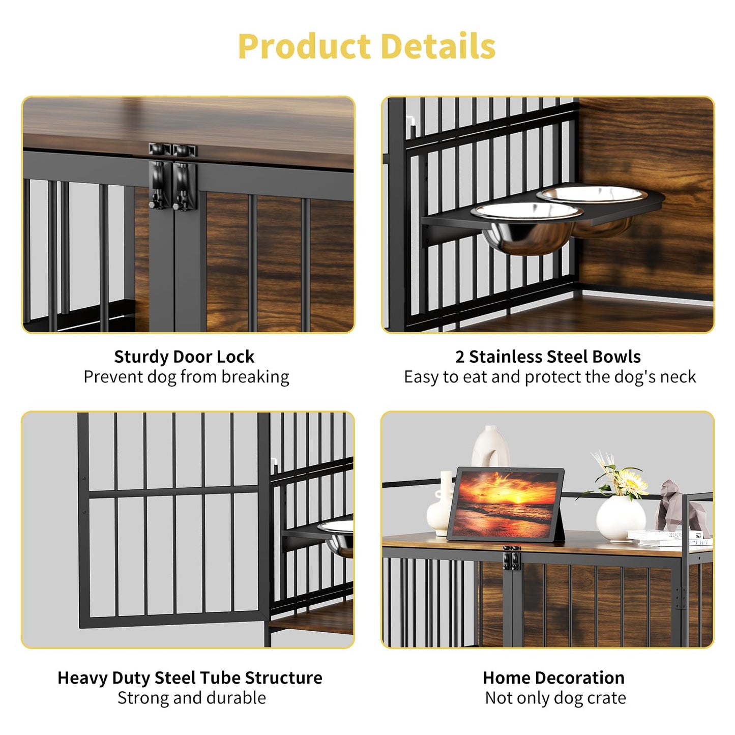 ROOMTEC Dog Crate Furniture-Style Cages for Large Dogs Indoor Heavy Duty Super Sturdy Dog Kennels with 2 Stainless Steel Bowls (48Inch = Int.dims: 46" W x 29" D x 35.5" H)