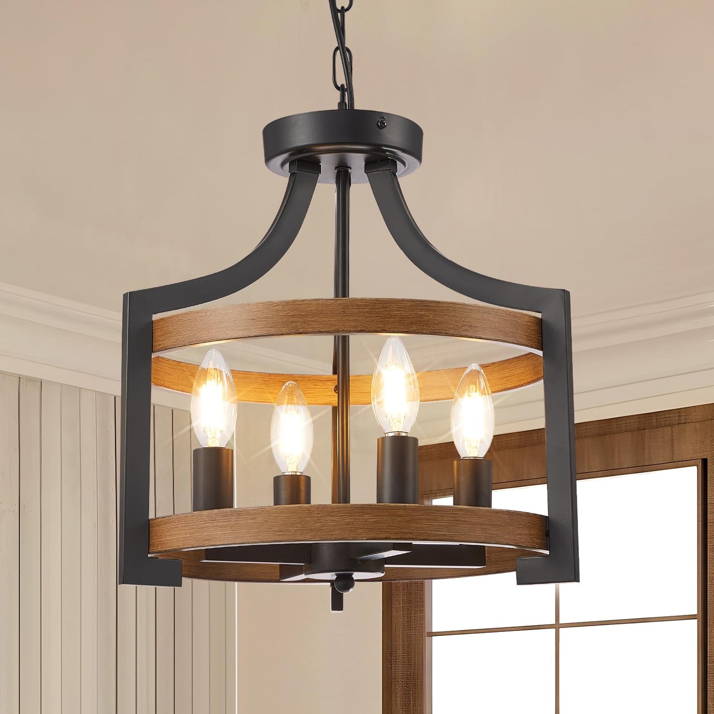 HOXIYA Farmhouse Chandelier, 4 Light Modern Hanging Pendant Lighting, Convertible Semi Flush Mount Ceiling Light, Black and Faux Wood Pendant Light Fixture for Dining Room Kitchen Hallway Bedroom