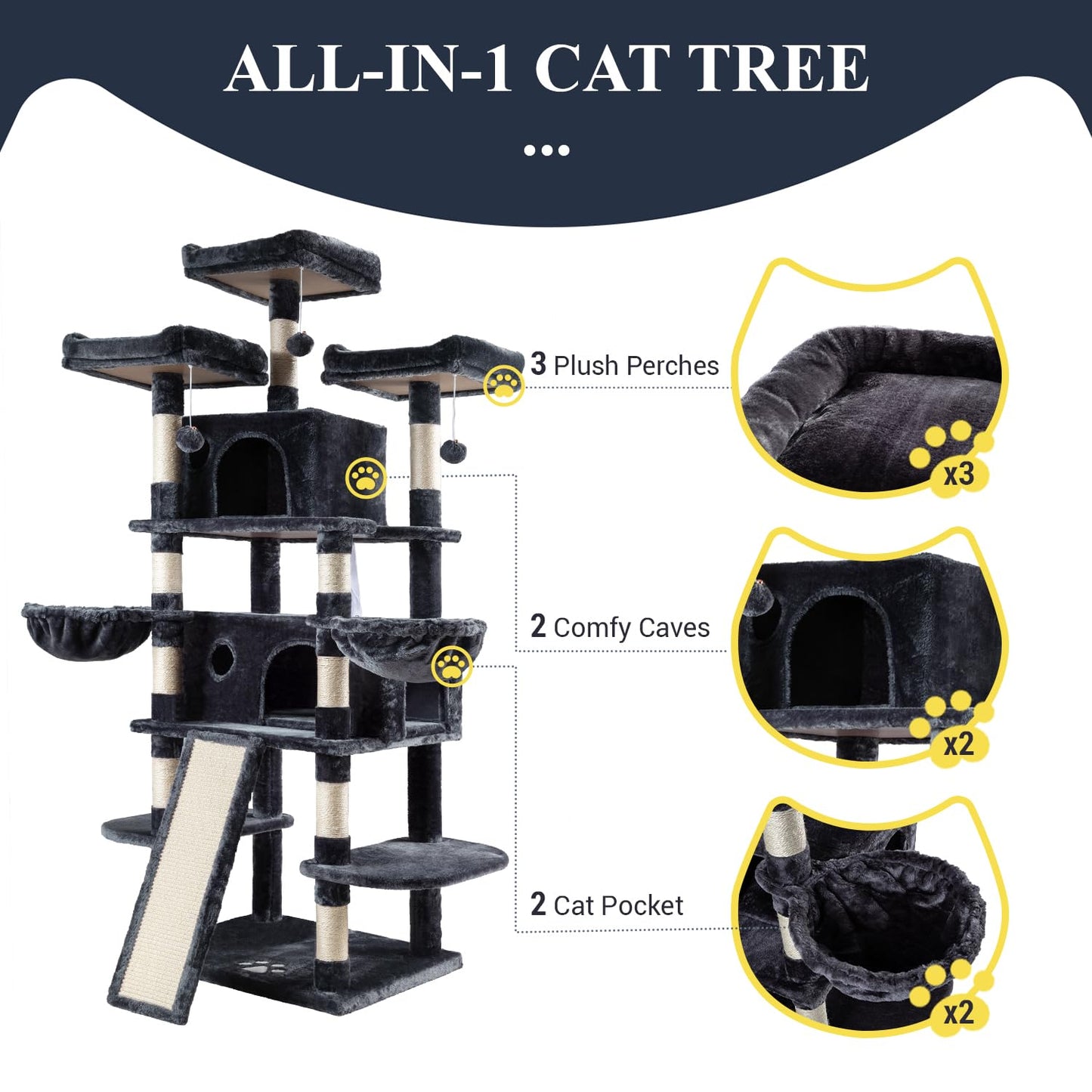 Allewie 68 Inches Cat Tree House with Condo, Scratching Post, and Multi-Level Towers for Cats - Smokey Grey