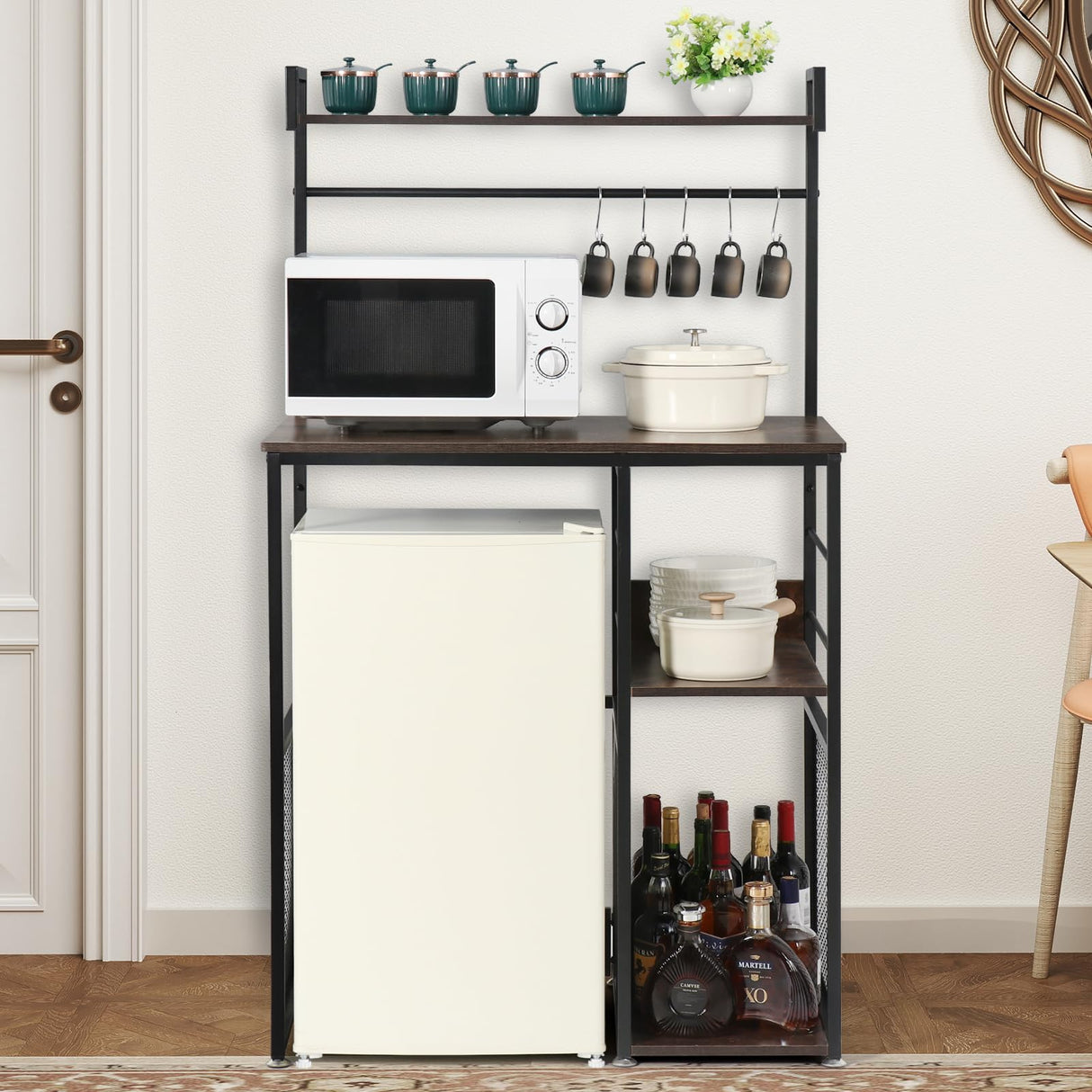 AGESISI 4-Tier Mini Fridge Cabinet Microwave Stand with Storage, 22.8"D x 35"W x 60.9"H Bakers Rack Shelf with 5 S-Shaped Hooks, Freestanding Coffee Bar Organizer for Kitchen Dorm Home, Rustic Brown AGESISI