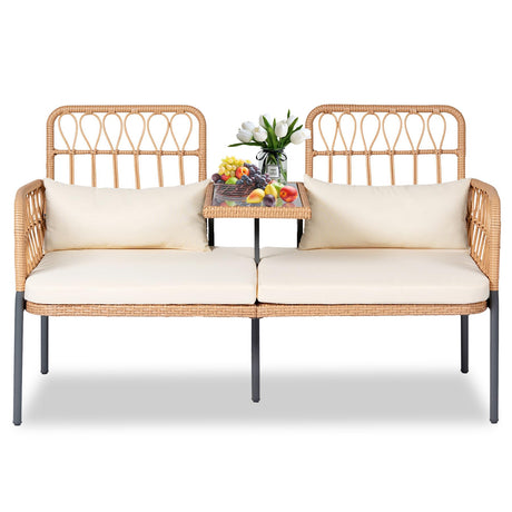 PROHIKER Patio Furniture Outdoor Rattan Loveseat 2-Seat with Built-in Table, Lumbar Pillows and Cushions, All-Weather Wicker Loveseat Porch Chairs for Balcony, Lawn, Backyard PROHIKER