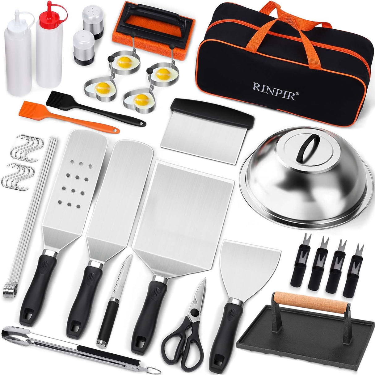 RINPIR 42pcs Griddle Accessories Kit for Blackstone, Flat Top Teppanyaki Spatula Set with Enlarged Spatulas, Melting Dome and Burger Press, Professional Hibachi Tools Gifts for Outdoor BBQ RINPIR