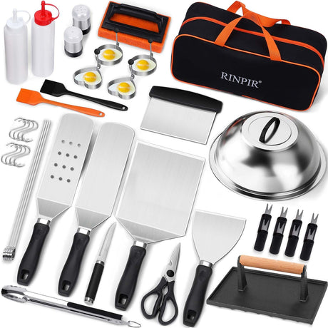 RINPIR 42pcs Griddle Accessories Kit for Blackstone, Flat Top Teppanyaki Spatula Set with Enlarged Spatulas, Melting Dome and Burger Press, Professional Hibachi Tools Gifts for Outdoor BBQ RINPIR