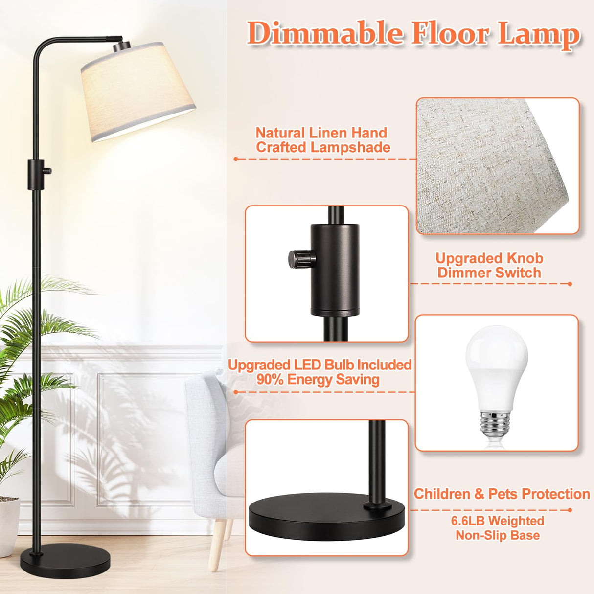 【Upgraded】 Dimmable Floor Lamp, 1000 Lumens LED Edison Bulb Included, Arc Floor Lamps for Living Room Modern Standing Lamp with Linen Shade, Tall Lamp for Bedroom Office Dining Room- Black Nintiue