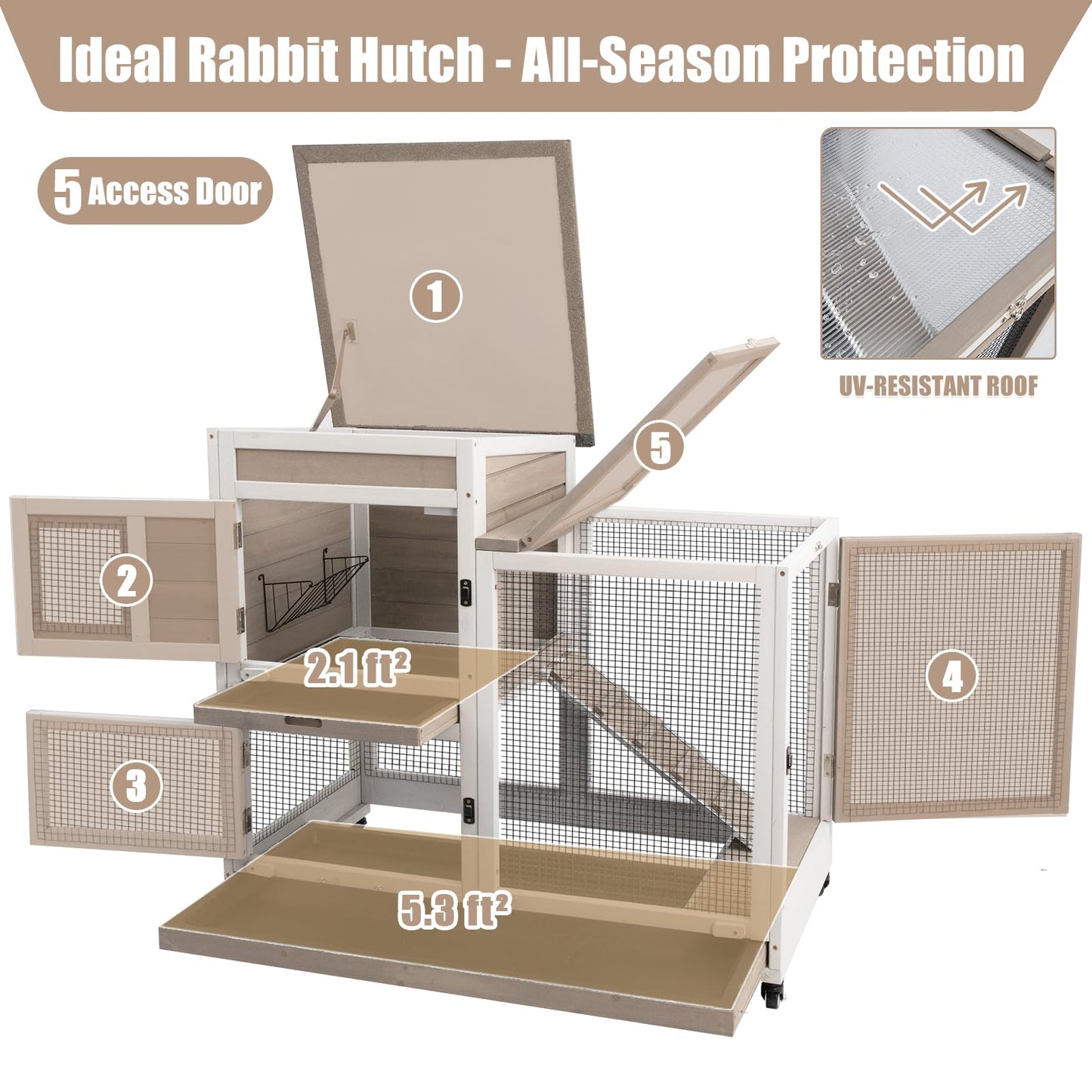 PetsCosset Rabbit Hutch Indoor 40" L Large 2 Story Outdoor Wooden Bunny Hutch with Run, 4 Metal Wheels & 2 Deeper Trays, UV-Proof Panel Rabbit Cage Guinea Pig Pet House for Small-Medium Animals