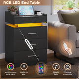 HAUOMS Black Nightstand Set of 2,LED Night Stand with Charging Station & Pull-Out Tray,Bedside Table with Drawers,Modern End Table Side Table Storage Cabniet HAUOMS