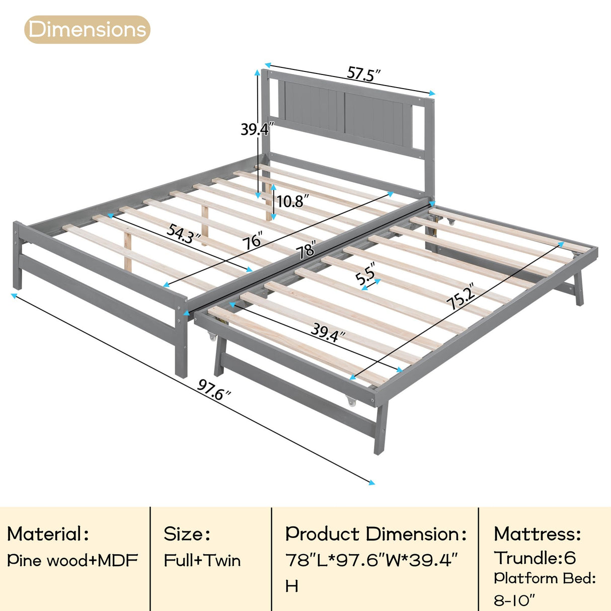MERITLINE Full Size Bed Frame with Headboard,Wood Full Bed with Adjustable Trundle Bed, Extendable Bed Frame to 2 Beds for Kids Teens Adults (Grey) MERITLINE