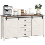 HOMCOM 60" Farmhouse Sideboard Buffet Cabinet with Storage, Kitchen Cabinet with 2 Sliding Barn Doors, 4 Deep Drawers and 2 Adjustable Shelves, Coffee Bar Cabinet, Distressed Cream White HOMCOM