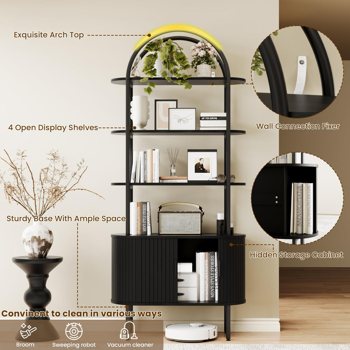 BREEZEHEAT 71" Tall Fluted Arched Bookshelf, Modern Bookshelf with Sliding Tambour Doors, 4-Tier Storage Shelf, and Metal Frame, Curved Cabinet for Living Room, Home Office, Bedroom, Black BREEZEHEAT