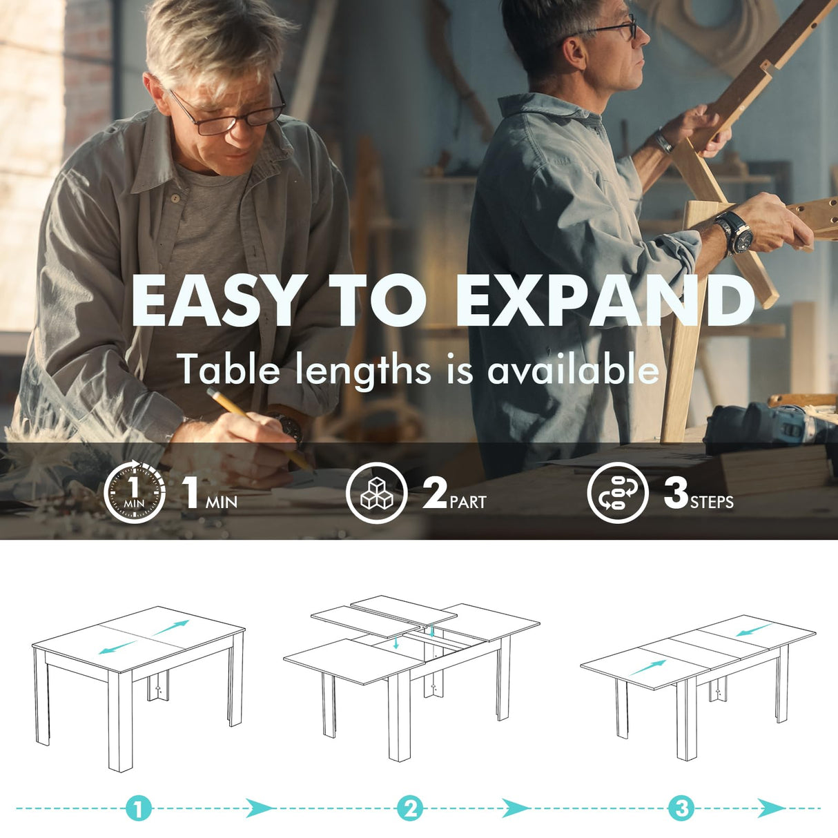 PatioPerk Extendable Dining Room Table for 6-10 Person, Plank and Beam Farmhouse Large Rectangular Kitchen Tables for Living Meeting Room (Black) PatioPerk