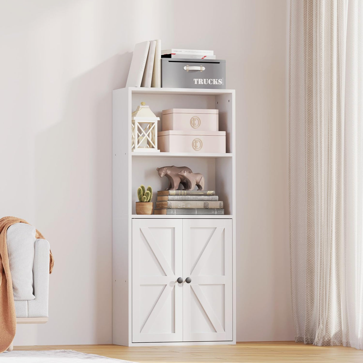 MXV Bookshelf Bookcase with Doors, 4 Tier Wooden Storage Shelves Organizer, Floor Standing Display Cabinet Shelves, Home Decor Furniture for Home Office, Living Room, Bedroom, White MXV