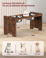 Vantic Elevated Dog Bowls - Adjustable Raised Dog Bowls for Small Dogs and Cats, Sturdy Rustic Brown Particle Board Dog Food Bowl Stand with 2 Stainless Steel Bowls and Non-Slip Feet Vantic