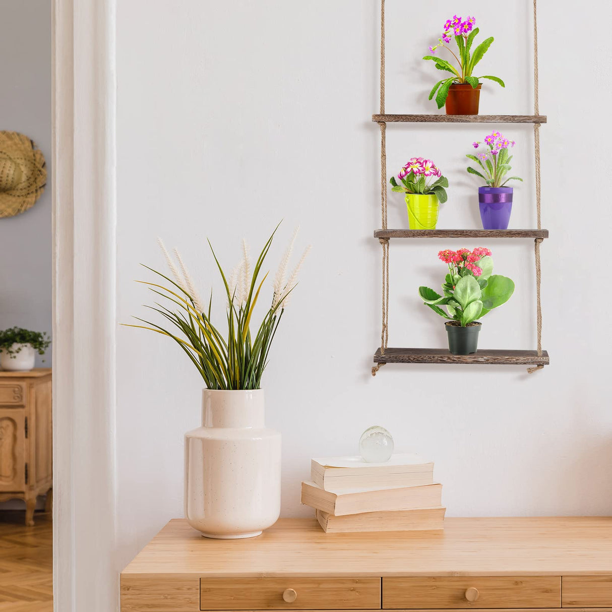 Nuanchu 2 Pieces Decorative Wall Hanging Shelves Window Shelf for Plants 3 Tier Distressed Rustic Home Decor Wood Rope Shelf Floating Indoor Wall Swing Hanging Plant Shelves for Living Room Bathroom Nuanchu