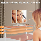HIGDBFE Makeup Vanity Desk with Mirror and Lights, Small Vanity Table with Height-Adjustable Stand, 3 Fabric Drawers Vanity Desk for Girls Gifts, Bedroom and Small Spaces, 27.5'', White&Pink HIGDBFE
