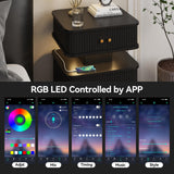 Night Stand, LED Nightstand, Bedroom Night Stand with Charging Station, 2 Drawer Nightstand, Modern Nightstands with Curvy Edge and Sliding Door, Small Bedside Table for Bedroom, Black AKMAKM