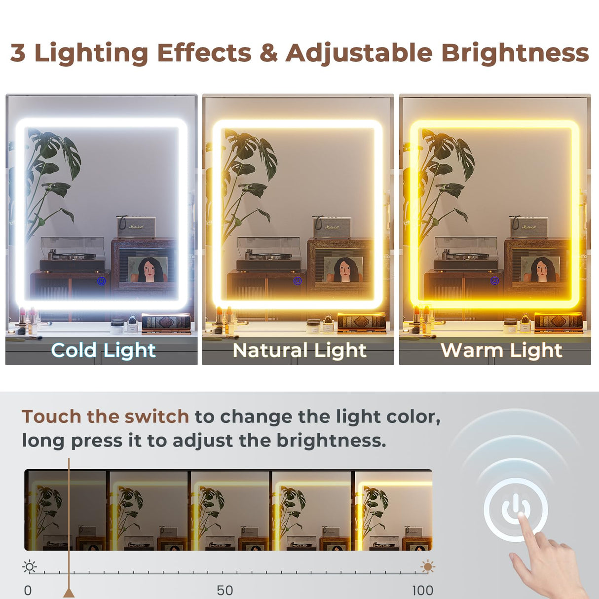 BTHFST Makeup Vanity with Charging Station & 3-Layer Jewelry Box, Vanity Desk with Sliding Mirror and Lights, Vanity Table with 8 Necklace Hooks & 5 Drawers & Shelves, White BTHFST