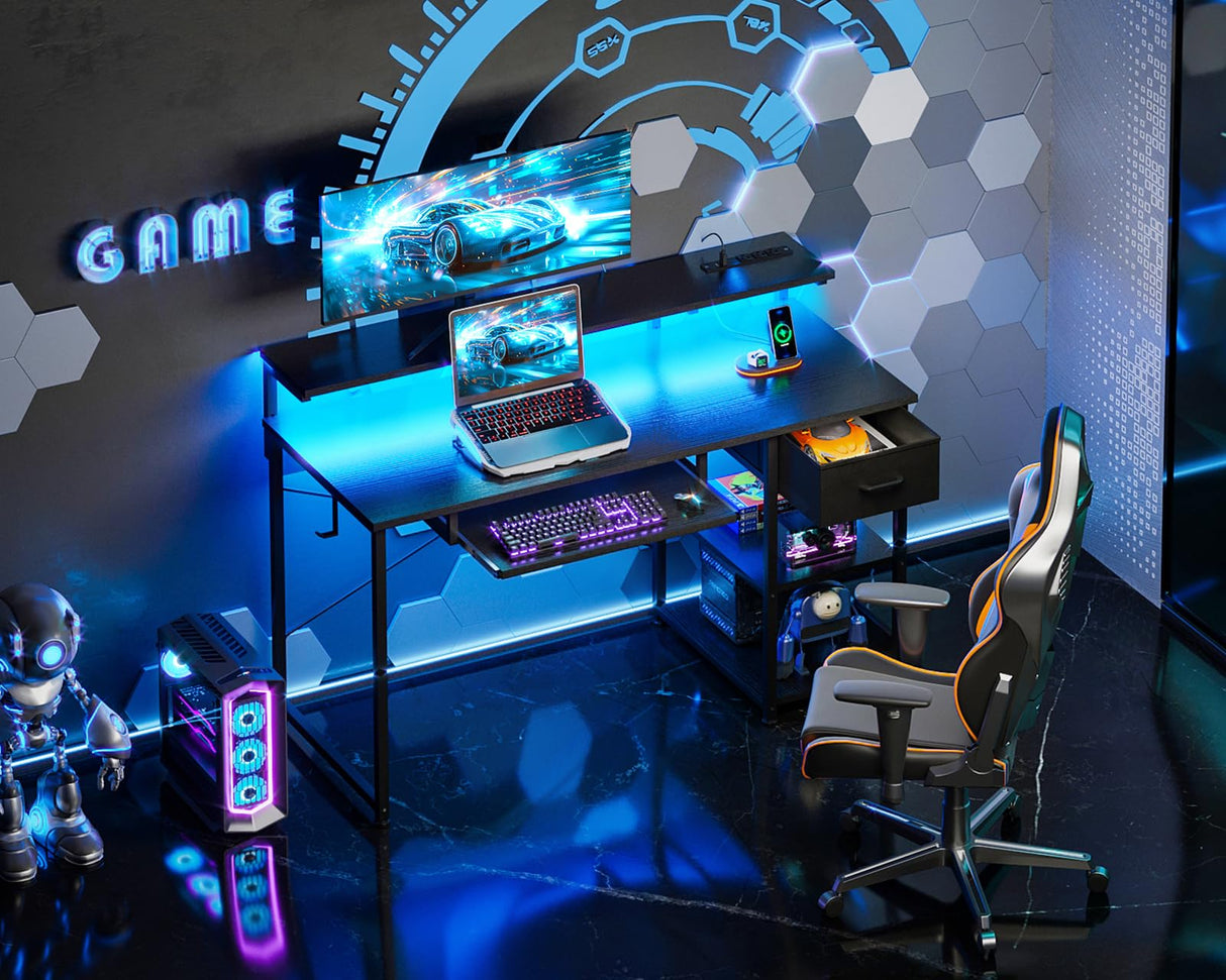 AODK Gaming Desk with LED Lights & Power Outlet, 48 Inch Computer Desk with Keyboard Tray, Office Desk with Drawer, Reversible Desk with Adjustable Monitor Shelf and Storage Shelf, Black AODK