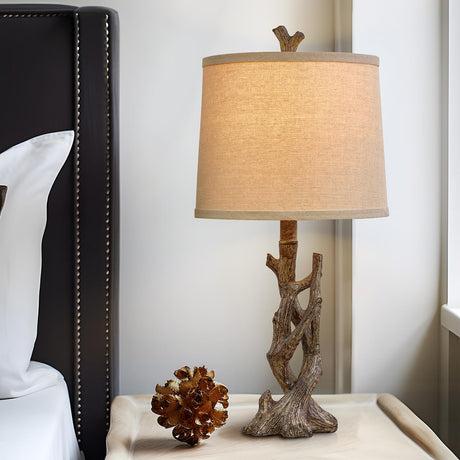 OYEARS 23" Rustic Farmhouse Table Lamp Country Cottage Lamps for Nightstand Tree Trunk Wood Grain Lamp for Bedroom Living Room with Oatmeal Fabric Round Shade Resin Bedside Lamp OYEARS