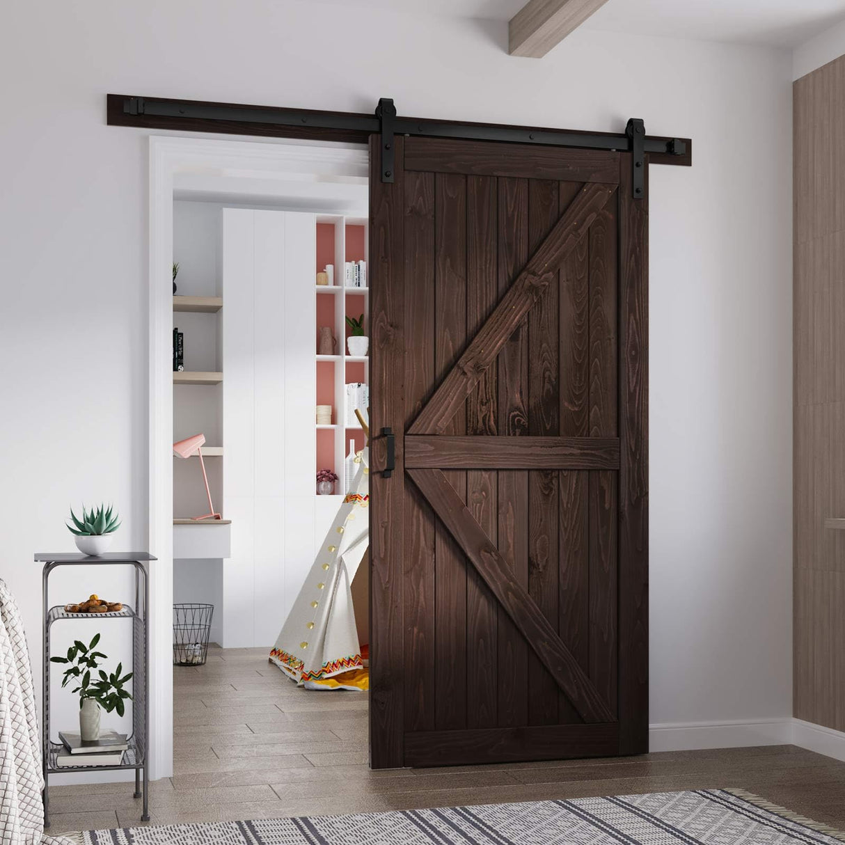 FREDBECK 42in x 84in Brown Barn Door with 7ft (84inch) Barn Door Hardware Track Kit and Handle Included, Double Surfaces,Simple Assembly is Required,K-Frame,Coffee FREDBECK