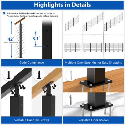 Zylorix 42" One-Stop All Black Cable Railing System Post Kit for Decks(Super Easy DIY), Include 3Pack Stair Posts for 25-35°Stairway, Complete Invisible Cable Railing Kit 1/8" with Cutter(No Handrail)