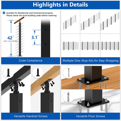 Zylorix 42" 2ft-8ft T304 Stainless Steel Cable Railing Post Kit(Flexible DIY 1+1) - 2Pack 33° Drilled Posts, Sufficient 118ft 1/8" Cable, Terminals, and Grommets with Cutter(No Handrail) for Decks Zylorix