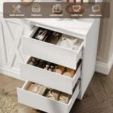 Gyfimoie Farmhouse Kitchen Pantry Cabinet with Power Outlet & LED Light, Large Coffee Bar Cupboard with Microwave Stand, 3 Doors & 3 Drawers, 7 Cup Holders & 8 Open Cubbies, Adjusted Shelves (White) Gyfimoie