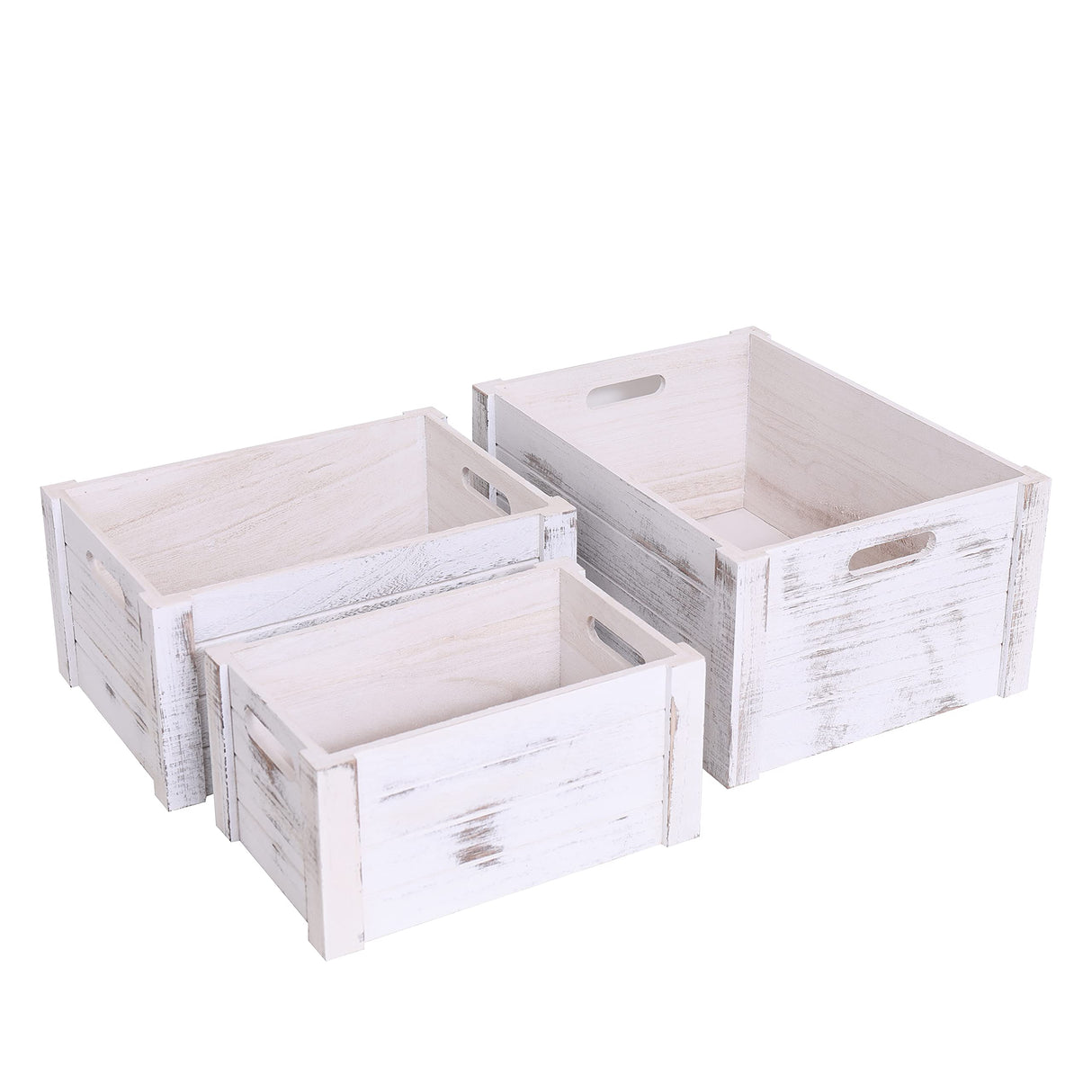 SENRYEE Farmhouse Antique White Wooden Crate For Storage,Rustic Decorative Boxes,Set Of 3 Extra Large Nesting Wooden Storage Crates For Home Decor,Handmade Natural Solid Wood Box (Rustic White) SENRYEE