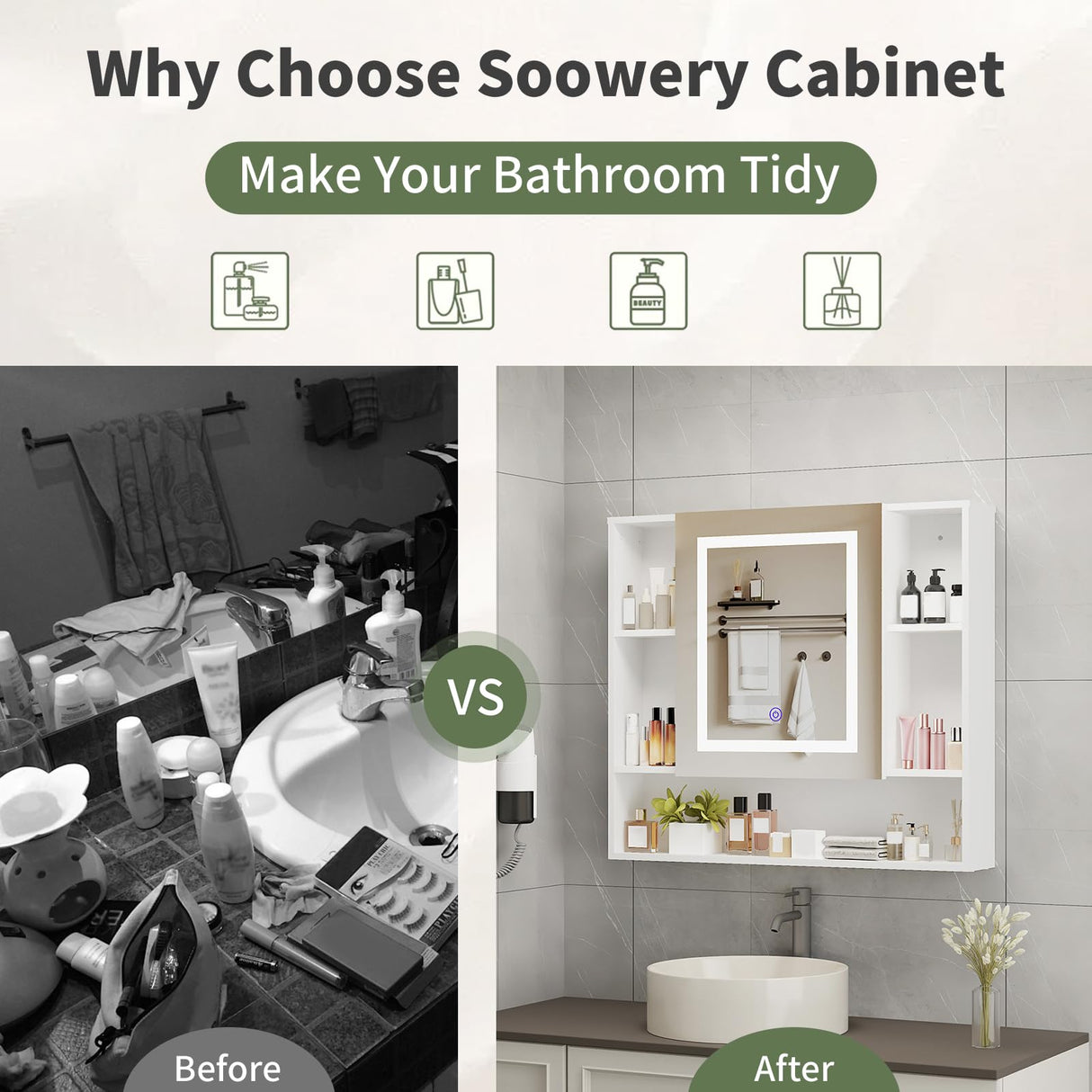 SOOWERY Medicine Cabinet Mirror with Led Light 27.5" W x 24.3" H Lighted Vanity Mirror Wall Mounted Bathroom Storage Cabinet with Single Door Surface Farmhouse Bathroom Cabinets White SOOWERY