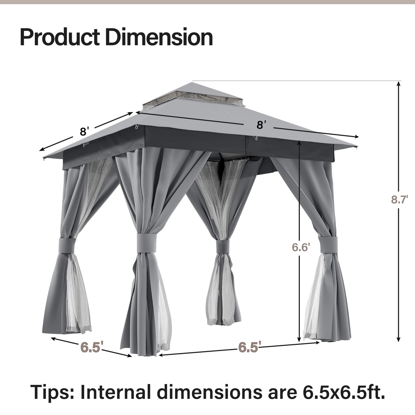 LAUSAINT HOME Outdoor Patio Gazebo 8'x8' with Expansion Bolts, Heavy Duty Gazebos Shelter Party Tent with Double Roofs, Mosquito Nettings and Privacy Screens for Backyard, Garden, Lawn, Smoke Grey