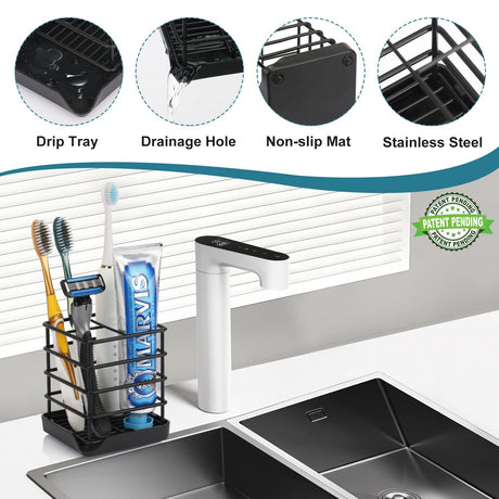 Toothbrush Holders for Bathrooms, Stainless Steel Bathroom Toothbrush Holder Kids Electric Tooth Brushing Holder Stand and Toothpaste Holder for Bathroom Accessories Organizer with Tray, Black (Small) Chintu