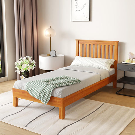 PayLessHere Wood Platform Bed Frame with Headboard Twin Size Solid Wood Foundation/Wood Slats Support/No Box Spring Needed/Easy Assembly,Brown PayLessHere