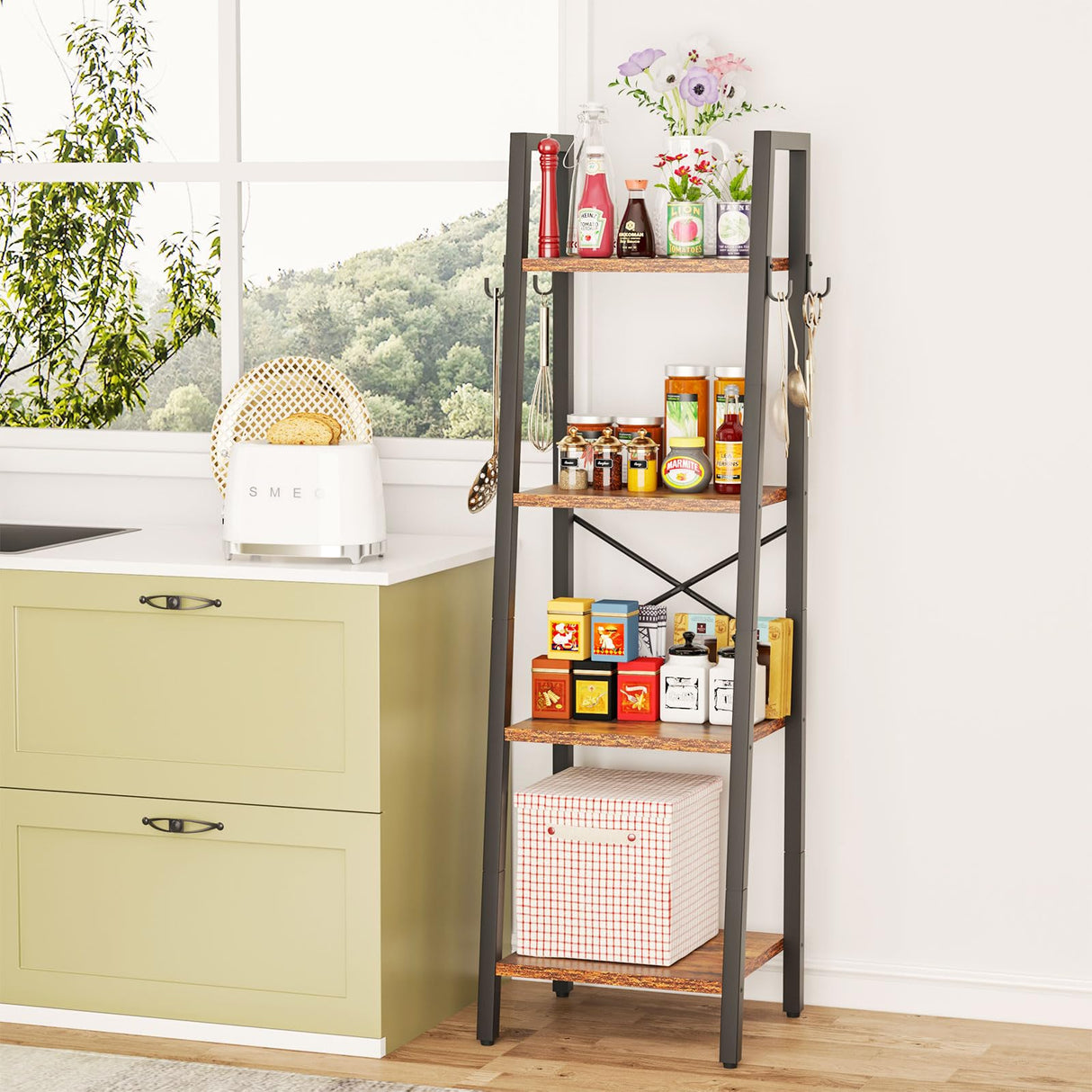 YMYNY 4 Tiers Ladder Bookcase, Industrial Narrow Bookshelf, Open Display Rack with 4 S Hooks, Metal Storage Shelves for Bedroom, Home Office, Living Room, Rustic Brown, 49.2H*13.4L*11.8W, UHBC024H YMYNY