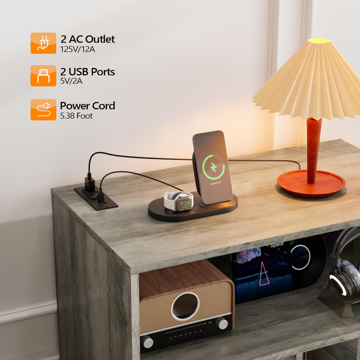 VINGLI Record Player Stand with Open Vinyl Storage, Mid-Century Album Storage Table with LED Light up to 300 Albums, Vinyl Record Player Shelf with Power Outlet for Living Room, Grey Oak VINGLI