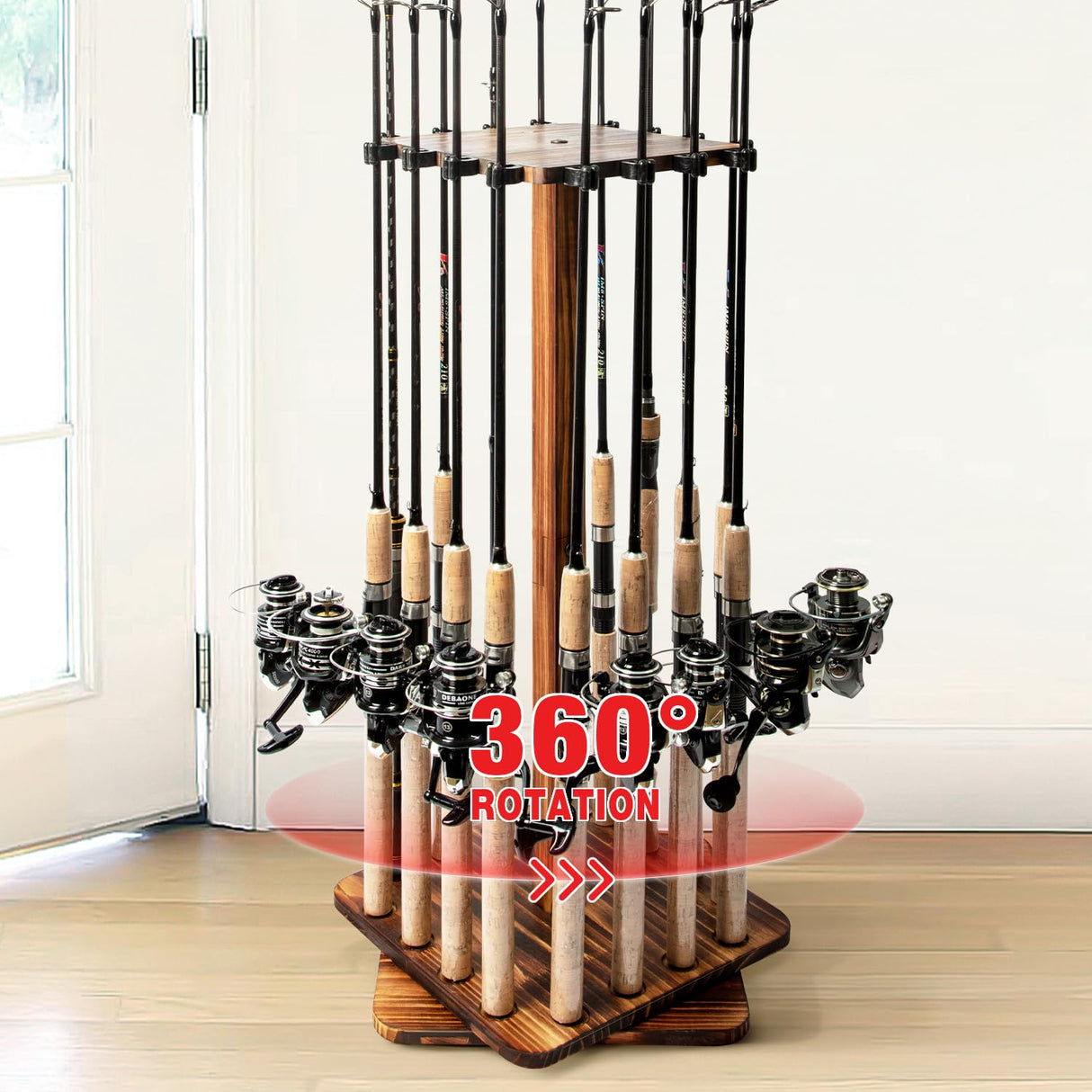 Ghosthorn Fishing Rod Holders for Garage 360 Degree Rotating Fishing Pole Rack, Floor Stand Holds up to 16 Rods Wood Fishing Gear Equipment Storage Organizer, Fishing Gifts for Men Women Ghosthorn