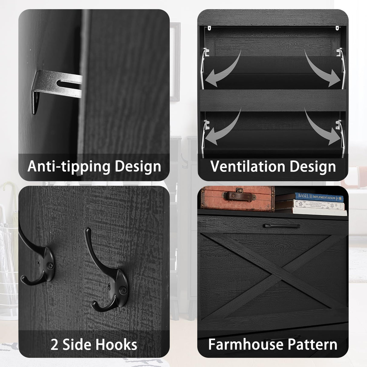 Joaxswe Shoe Storage Cabinet with 2 Flip Drawers, Farmhouse Shoes Organizer for Entryway, Narrow Hidden Shoe Rack with Wooden Legs & Open Storage, Free Standing Shoe Closet for Foyer, Hallway, Black Joaxswe