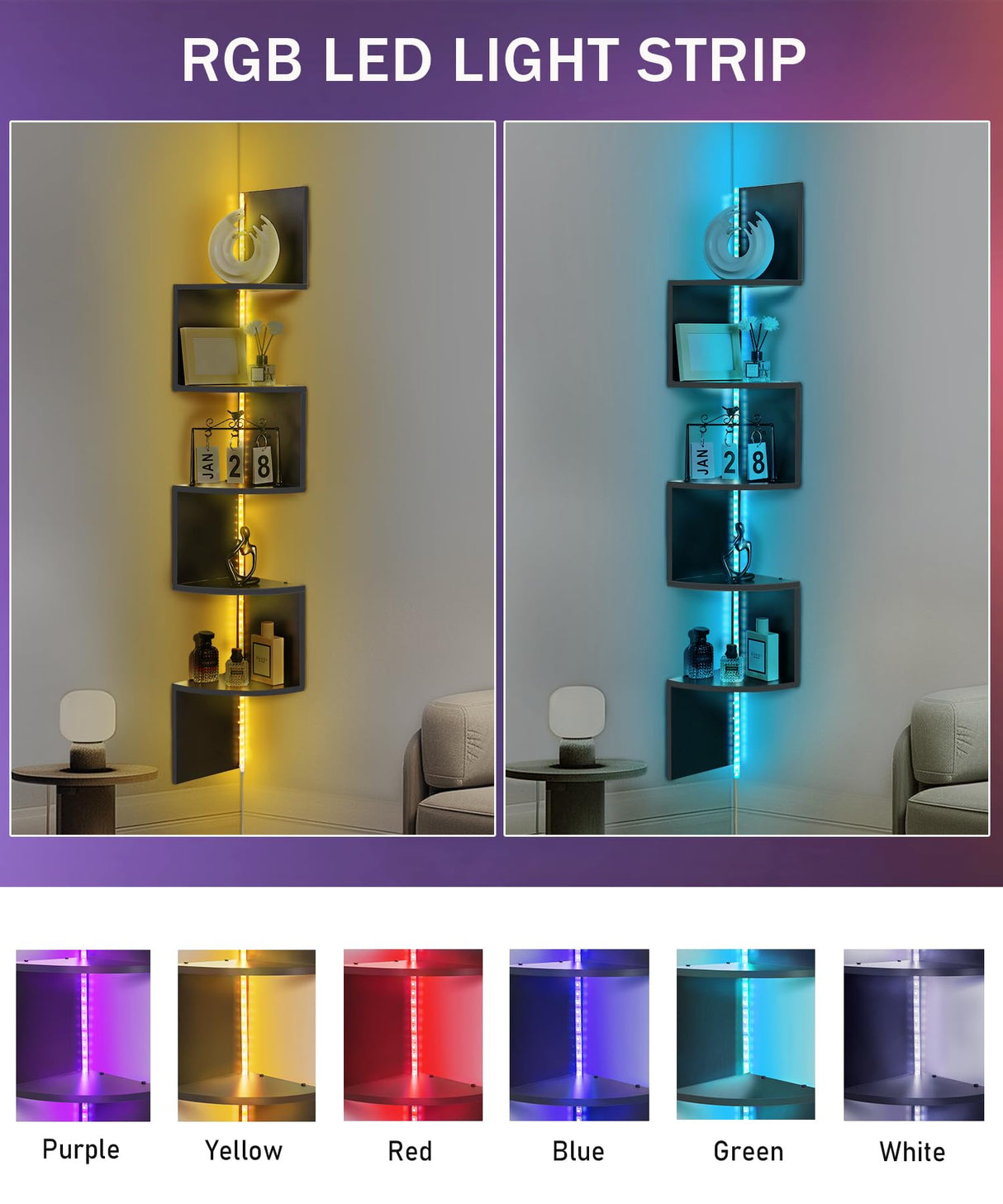 Outink 5 Tiers Corner Shelf with RGB LED Lights, 49.2" Wall Mount Floating Corner Display Shelf for Living Room Bedroom Home Office Decor, APP & Remote Control (Black) Outink