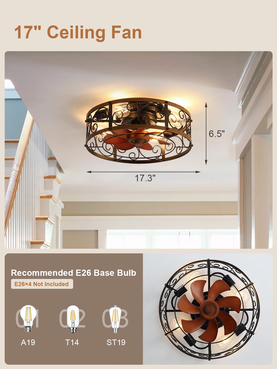 Curve Curio 18 Inch Farmhouse Caged Ceiling Fan with Light, Rustic Style Flush Mount Low Profile Ceiling Fan for Kitchen, Bedroom Curve Curio