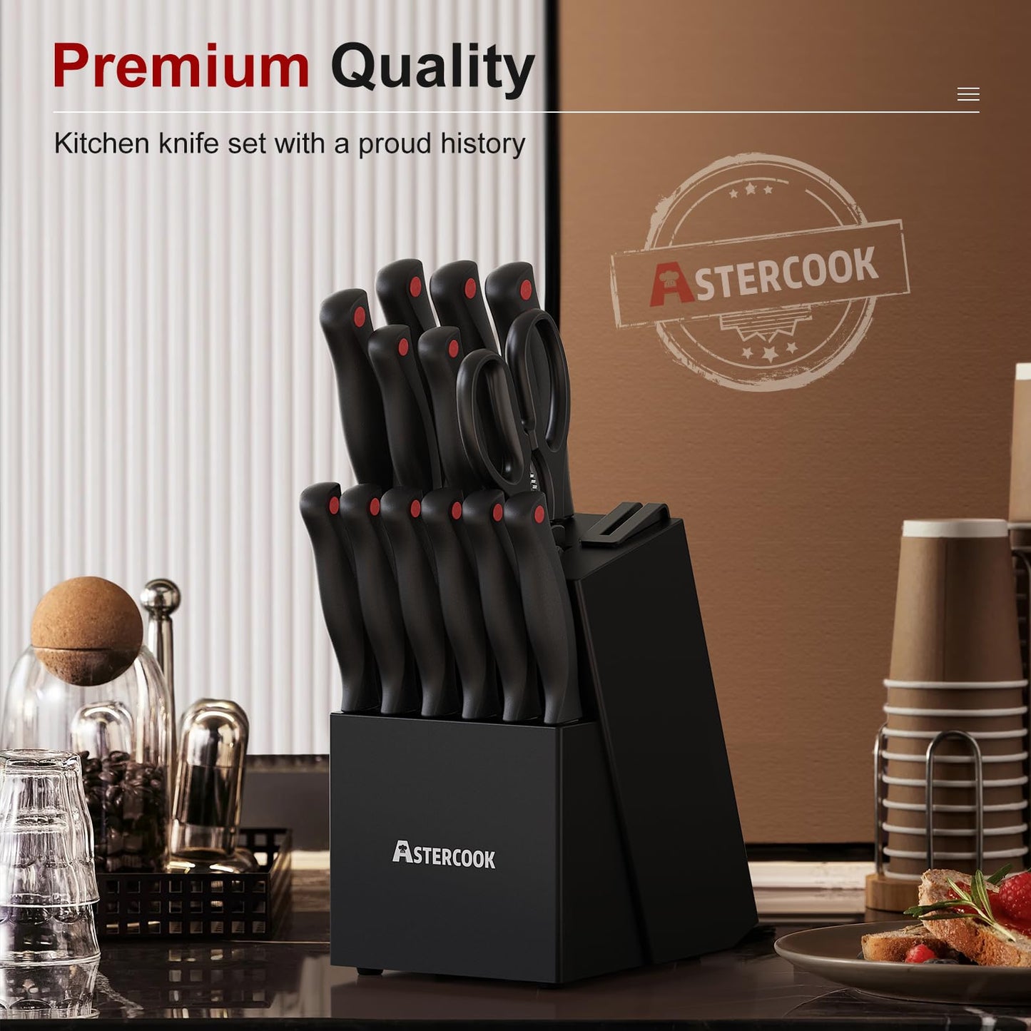 Astercook Knife Set, 15 Pieces Kitchen knives Set with Built-in Sharpener, High Carbon German Stainless Steel Chef Knife Block Sets, Sharp & Rust Resistant Dishwasher Safe, Black