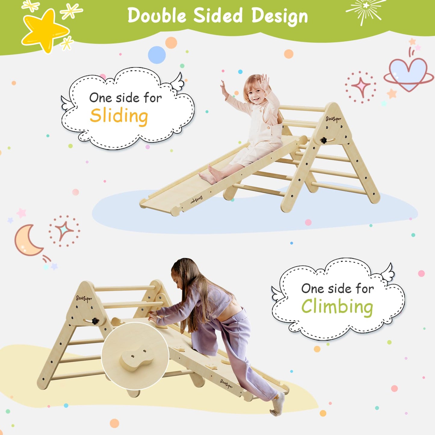 BanaSuper Foldable Pikler Triangle Climber with Ramp 2-in-1 Wooden Climbing Triangle Set with Ladder & Slide Montessori Climbing Toys for Toddler Kids Indoor Playground Play Gym Gift for Boys Girls